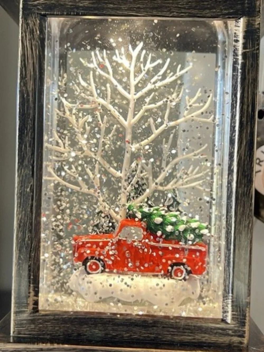 Antique Bronze- tone Christmas Lantern Water Globe with Red Truck Decor 9” H